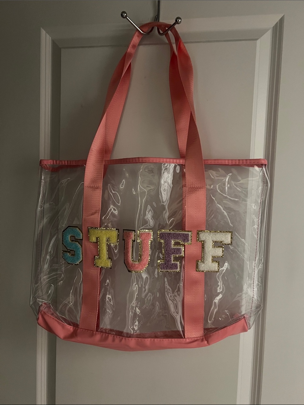 Clear Tote Bag with Pink Trim and Multicolor Lettering